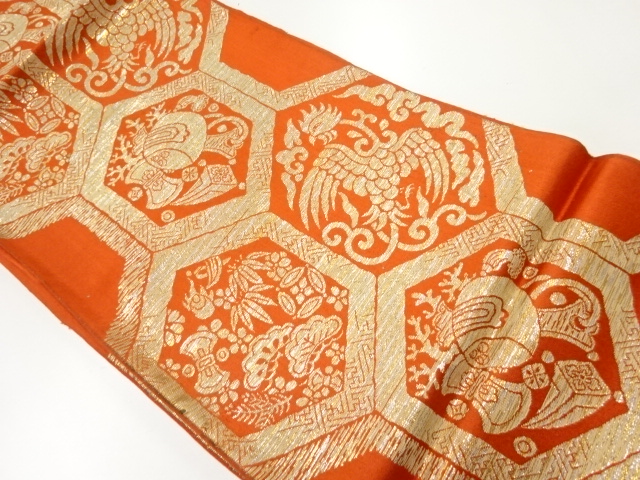 アンティーク　鳳凰に宝尽くし・松竹梅模様織出し袋帯（材料）